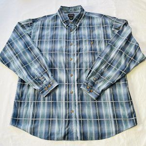 Red Macaw Mens Long Sleeve Button Down Shirt Size XL Rayon Polyester Blue Plaid